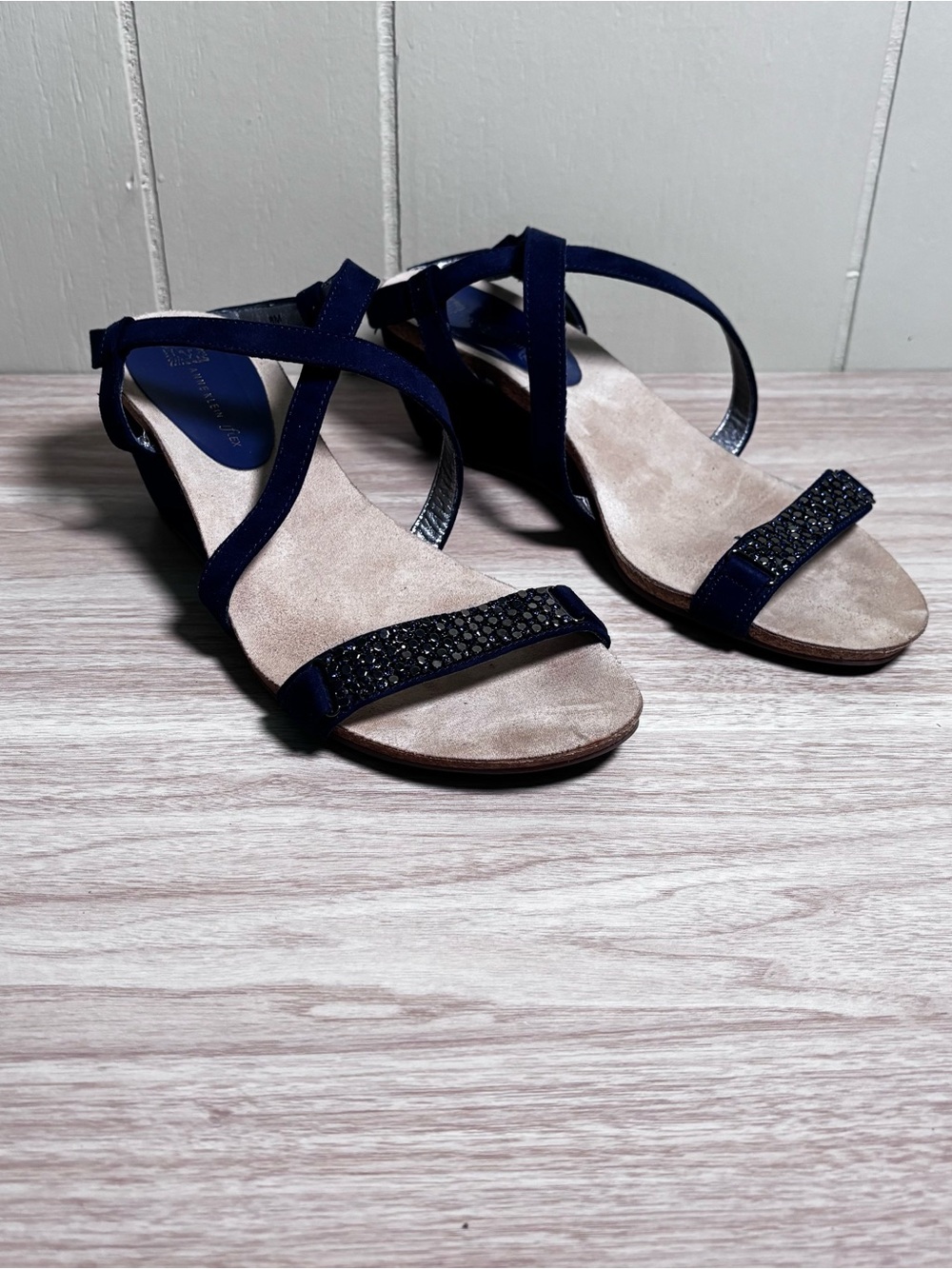 Anne Klein Navy Suede Crystal-Trim Strappy Sandals